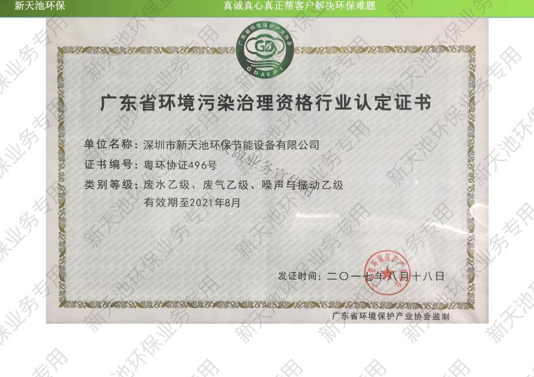 广东省环境污染治理资格行业认定证书